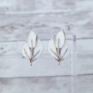 Vintage Clip On Earrings Large White & Gold Tone - Gold Tone Chipping